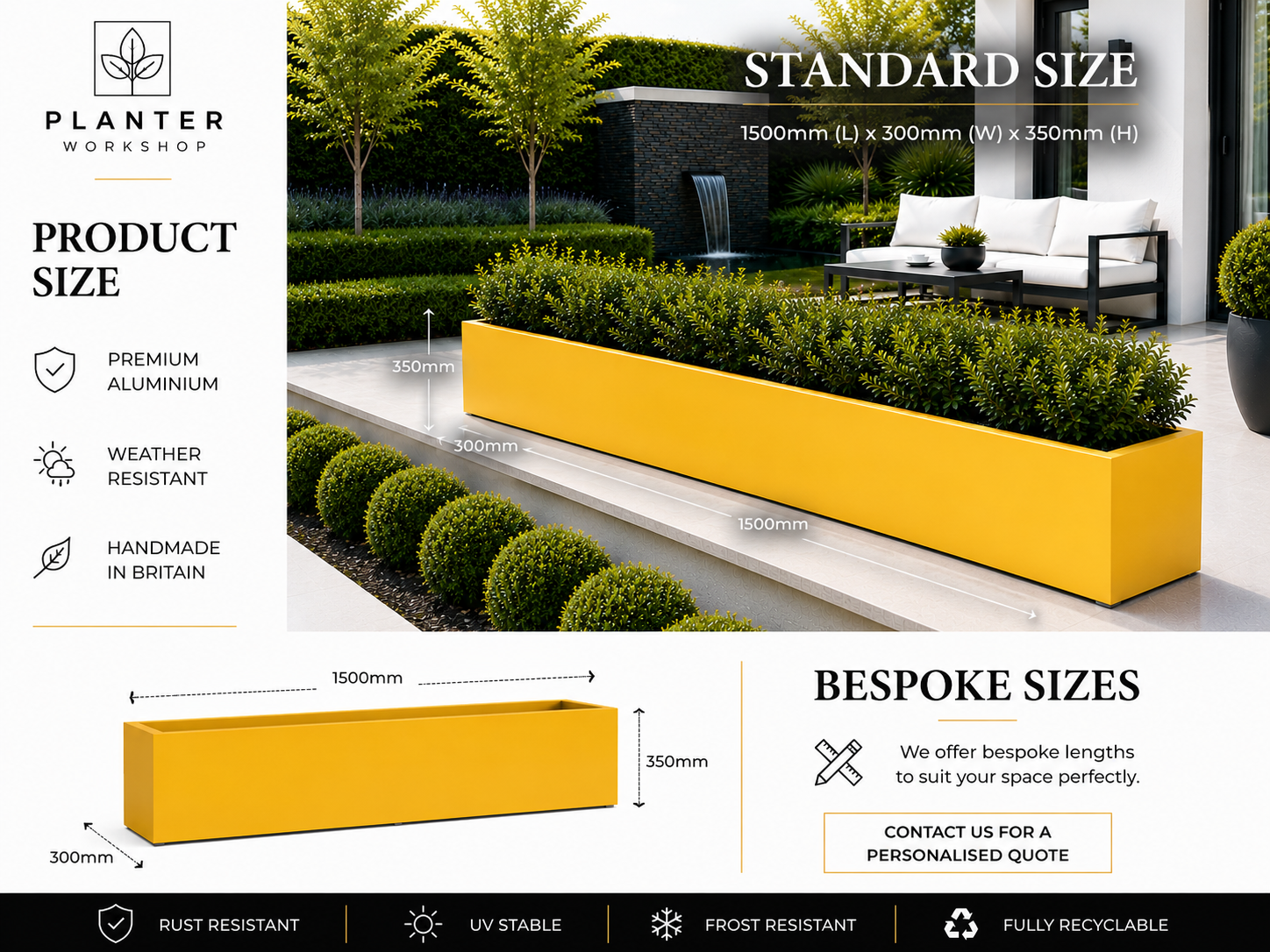Yellow planter box with garden setting, product size details, and branding information.