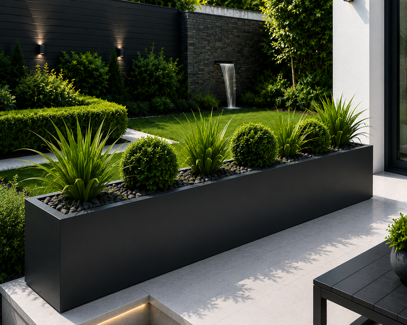Modern garden with black rectangular planter, grass, and a small waterfall.  Patio with a rectangular planter