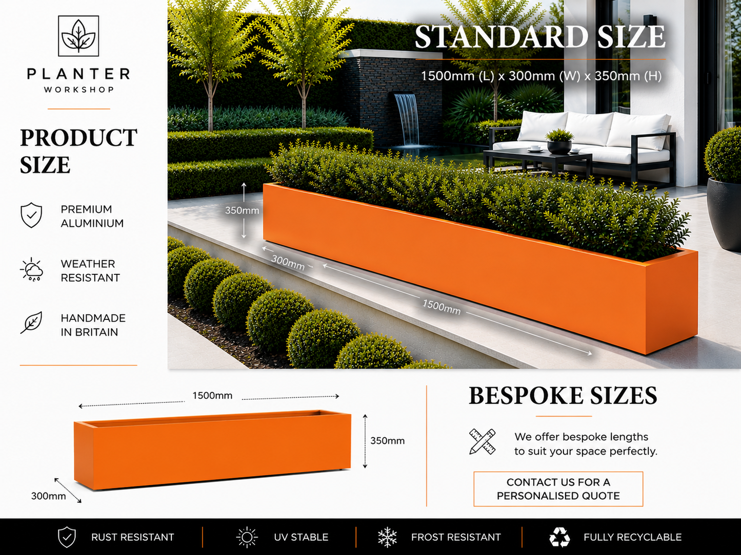 Orange planter box with dimensions and features on a white background