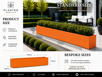 Orange planter box with dimensions and features on a white background