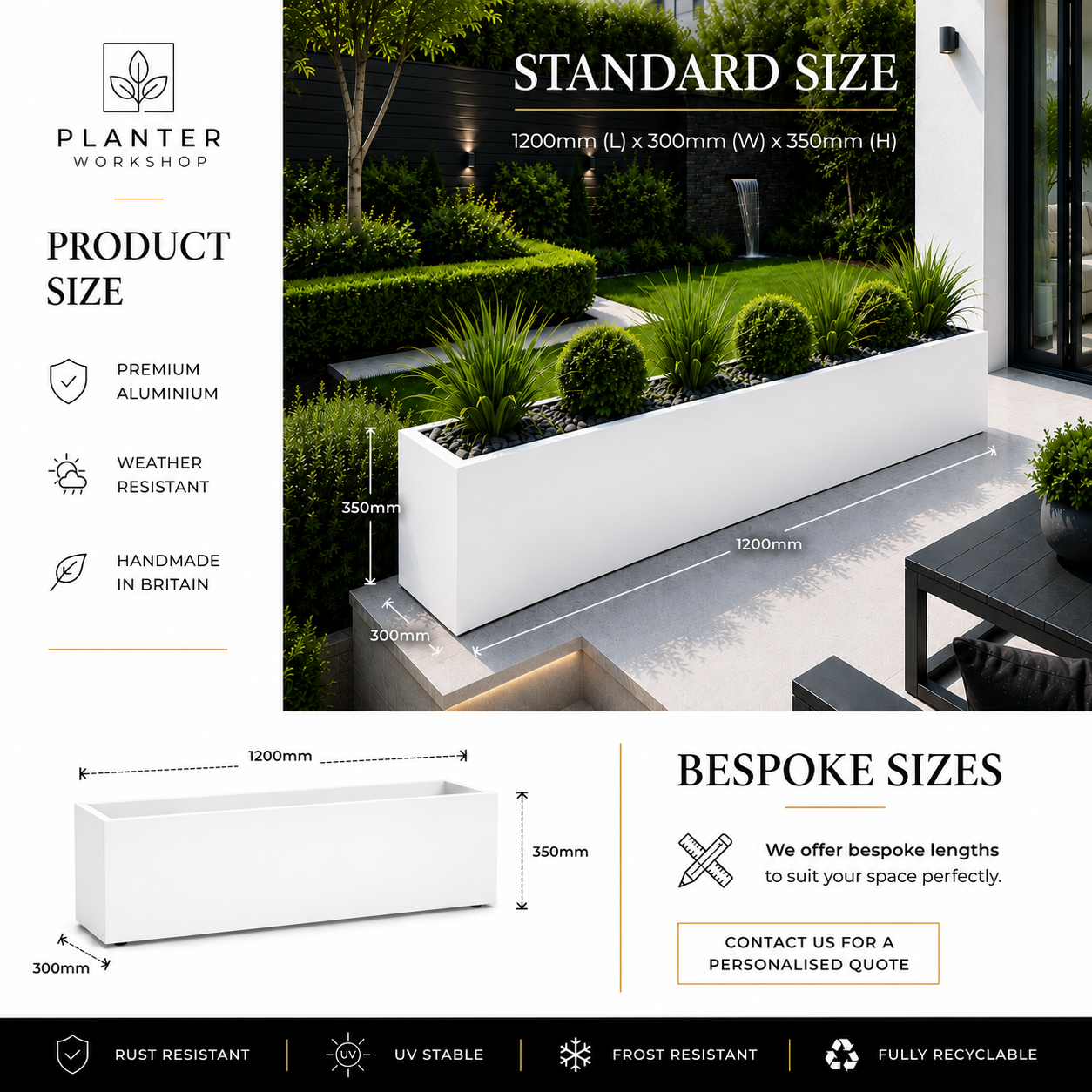 4ft Aluminium Rectangular Planter | Premium Outdoor Metal Planter | Handmade in Britain