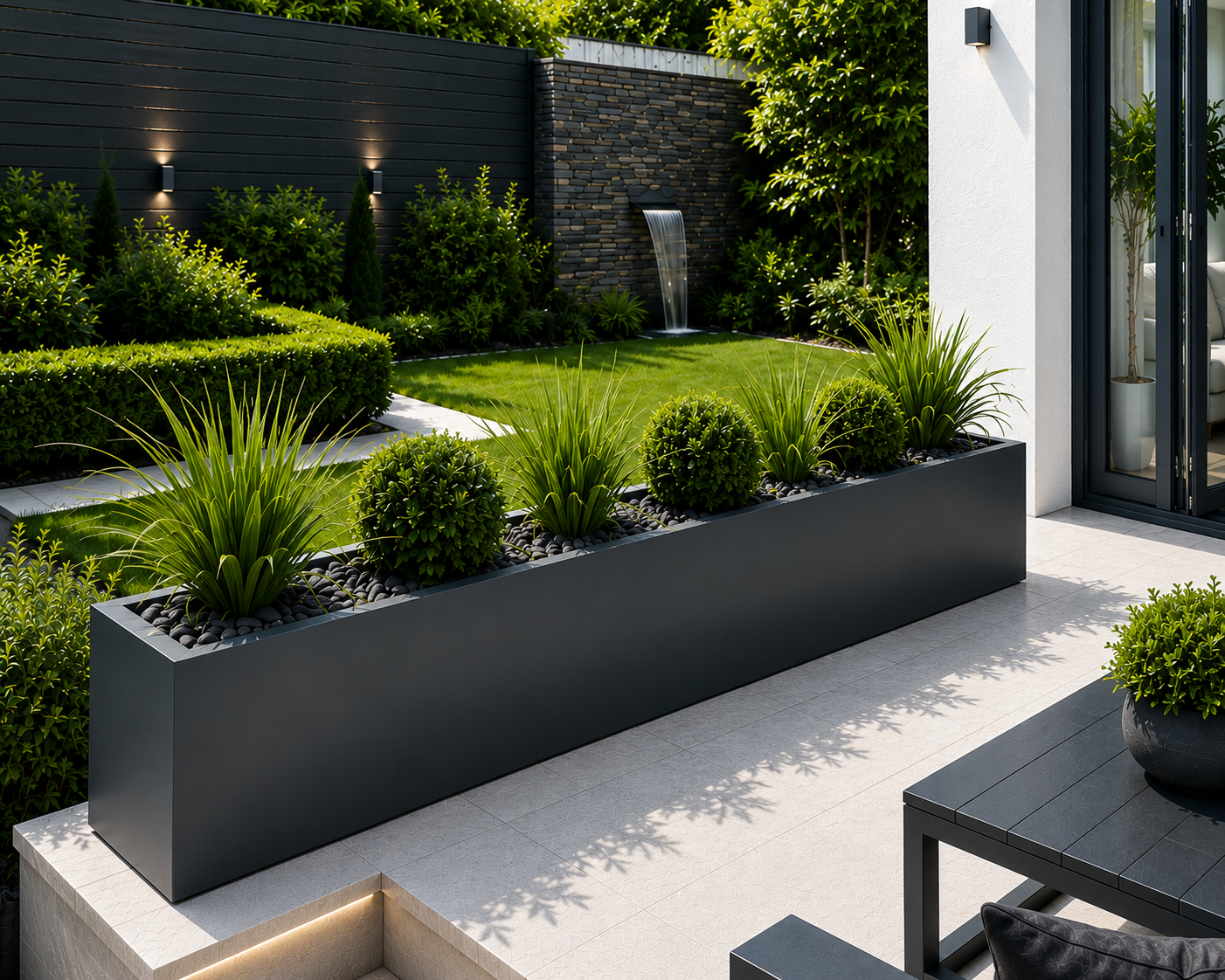Modern garden with black planters and a water feature