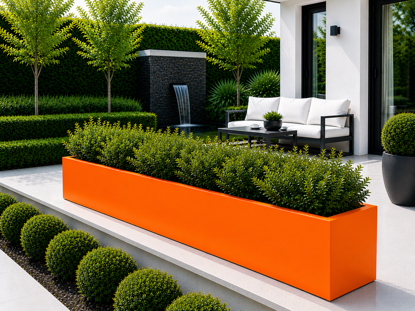 Modern outdoor setting with orange planter, white sofa, and greenery.