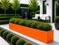 Modern outdoor setting with orange planter, white sofa, and greenery.