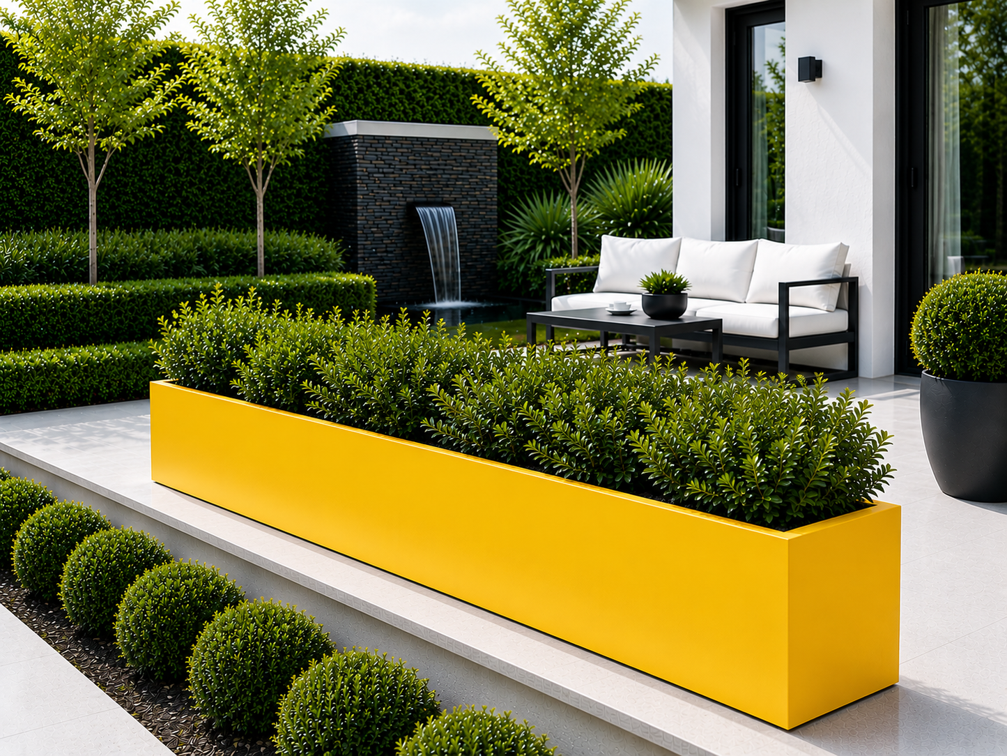 Modern outdoor setting with a yellow planter, black chairs, and white cushions.