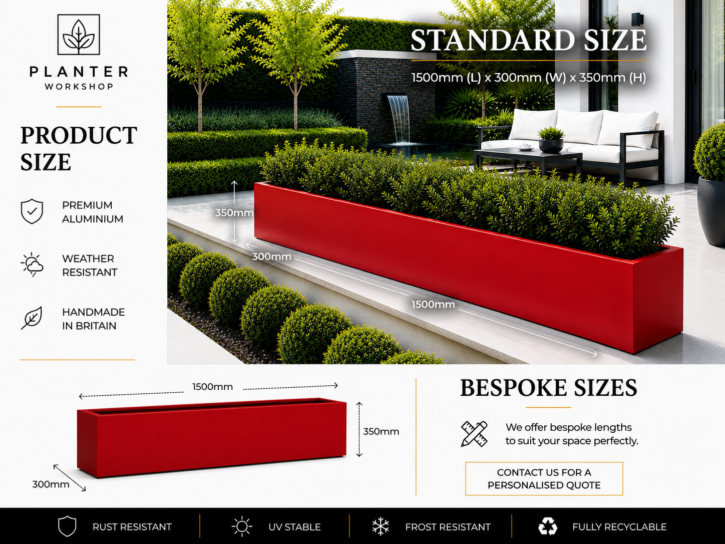 Red planter box with dimensions and features with branding on a white background