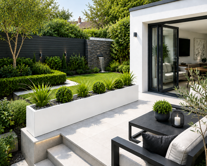 Modern outdoor patio area with garden and house exterior