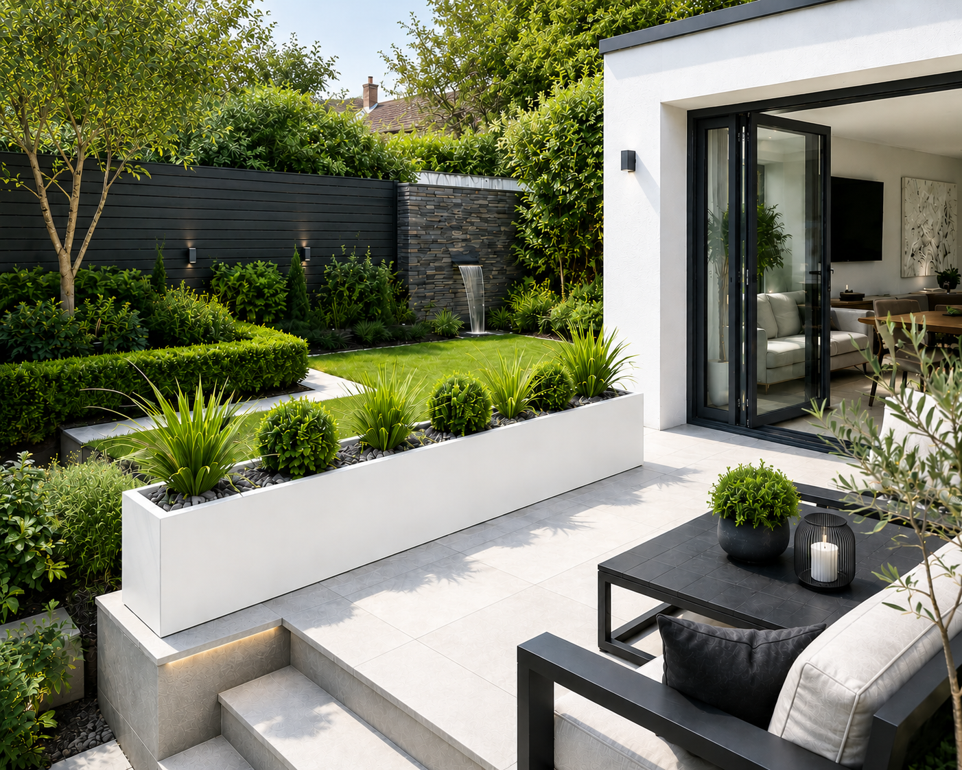 Modern outdoor patio area with garden and house exterior 