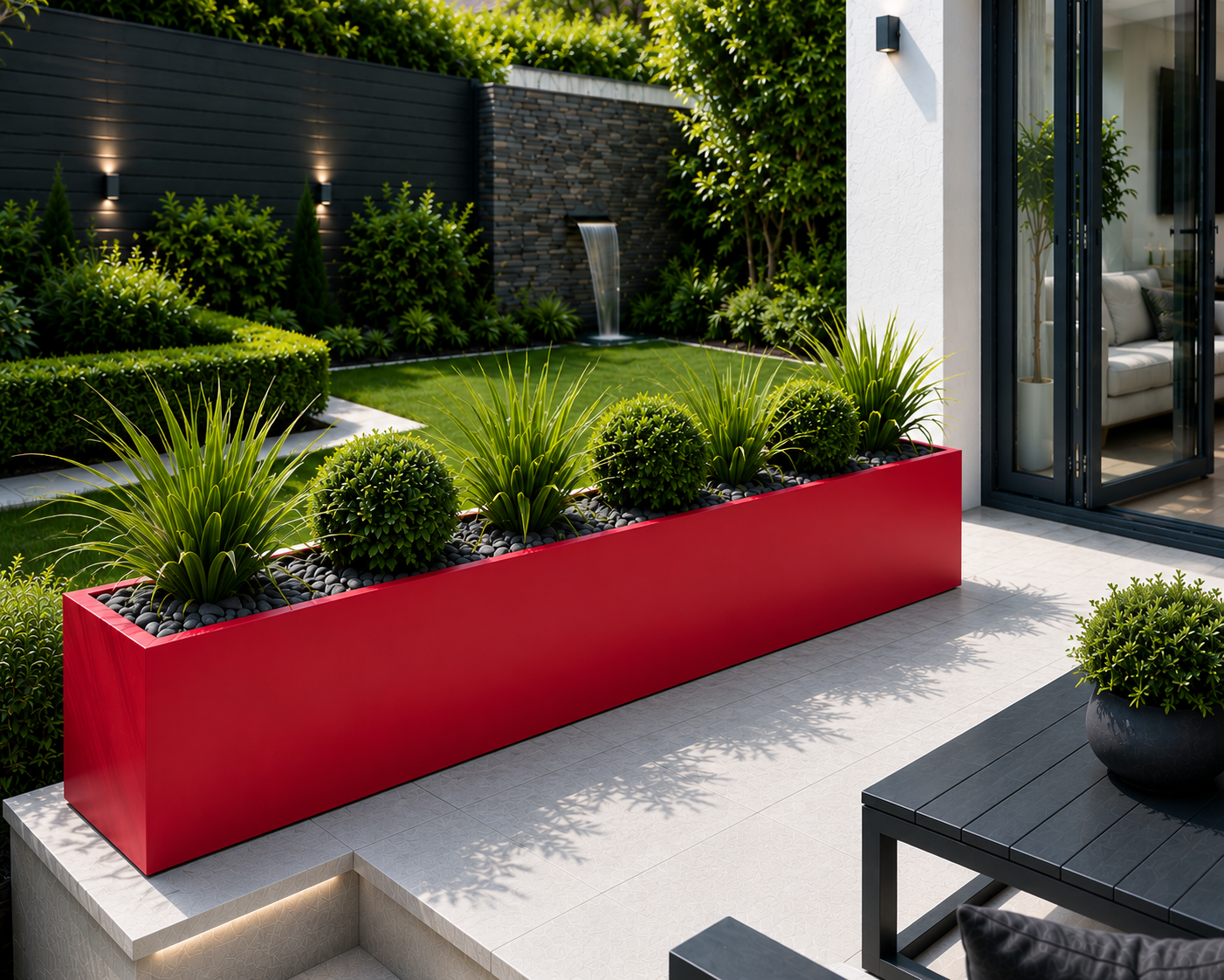 Modern outdoor garden with a red planter, grass, and a building in the background.