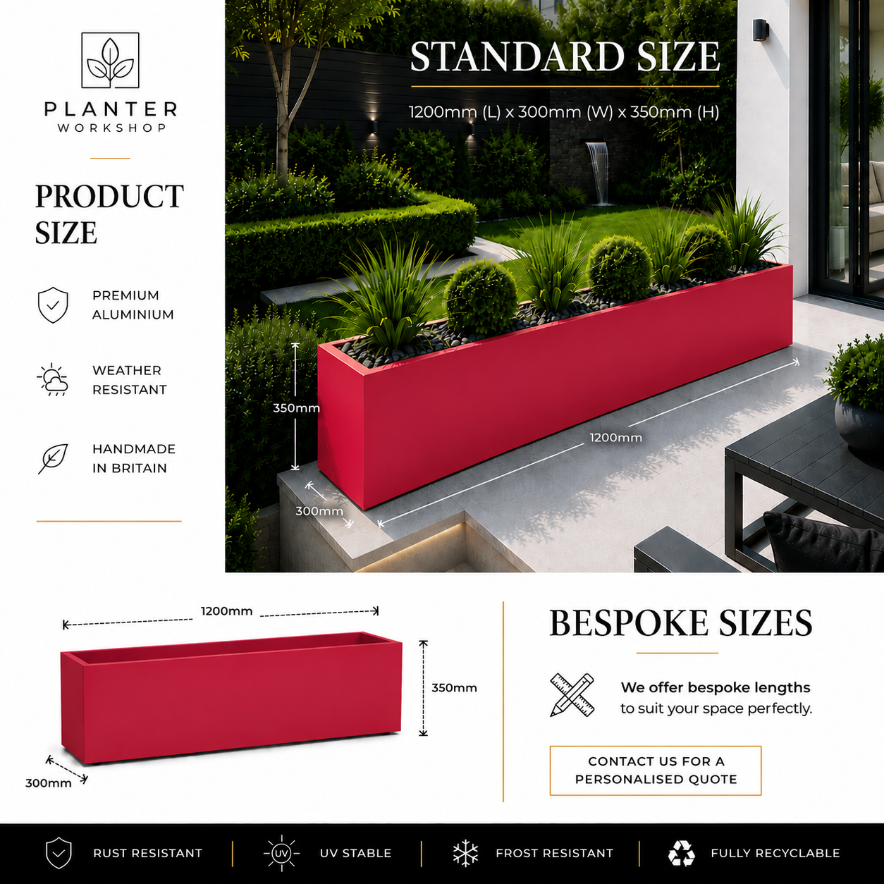4ft Aluminium Rectangular Planter | Premium Outdoor Metal Planter | Handmade in Britain