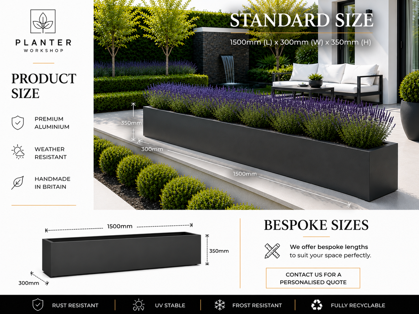 Black planter with garden scene, product size details, and branding.