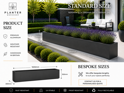 Black planter with garden scene, product size details, and branding.