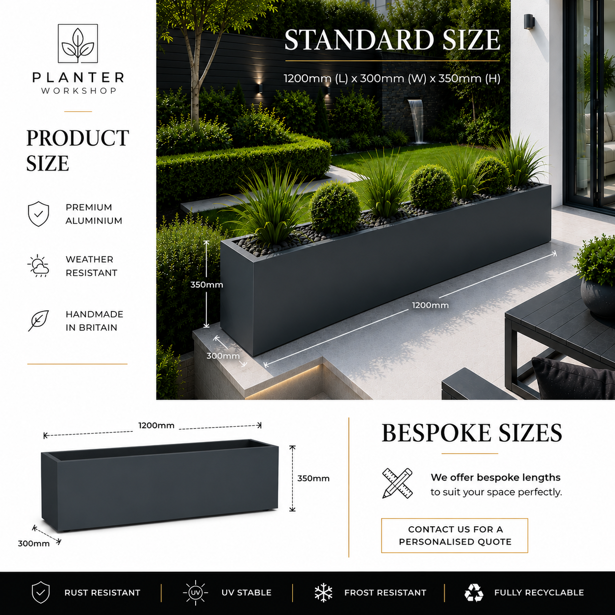 4ft Aluminium Rectangular Planter | Premium Outdoor Metal Planter | Handmade in Britain