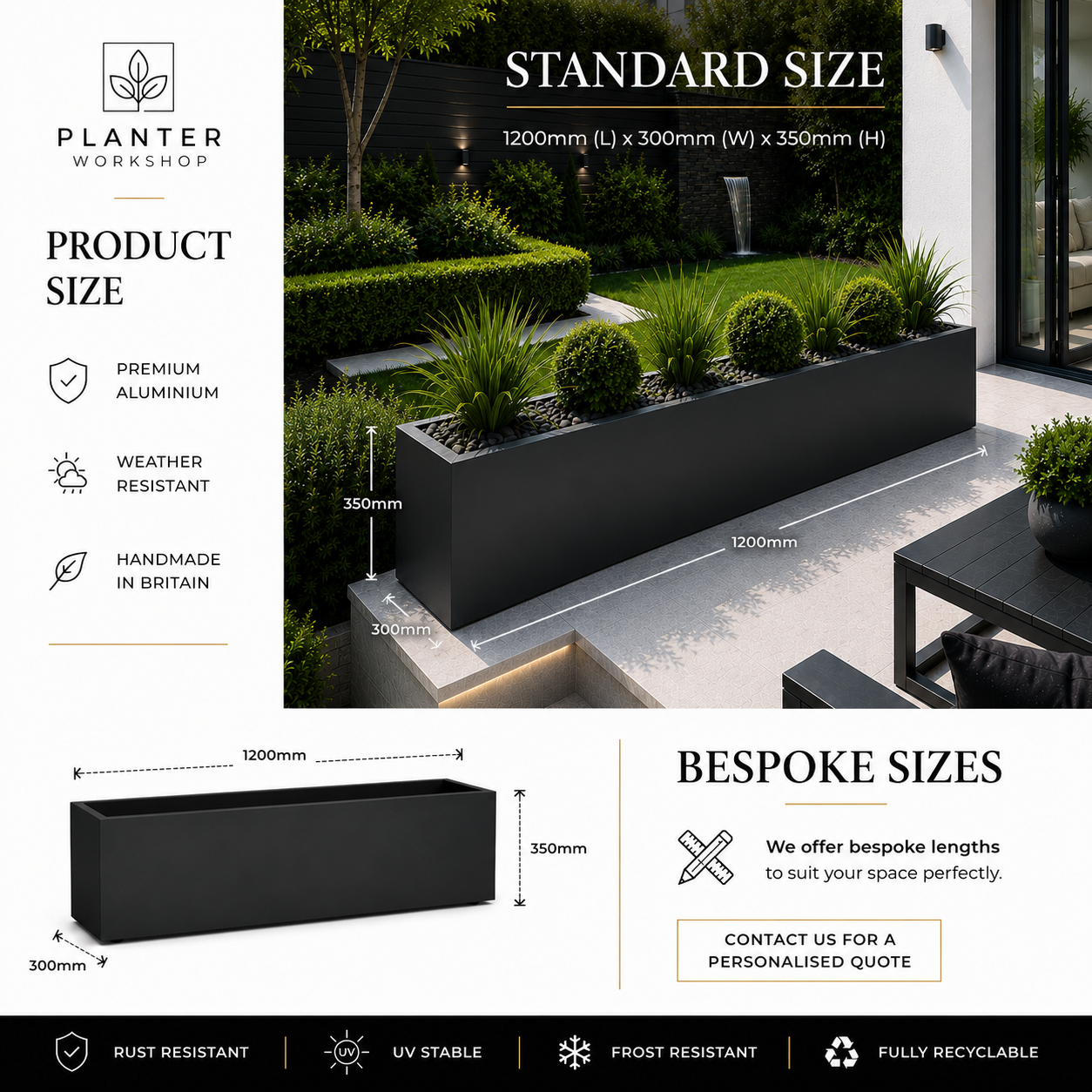 4ft Aluminium Rectangular Planter | Premium Outdoor Metal Planter | Handmade in Britain